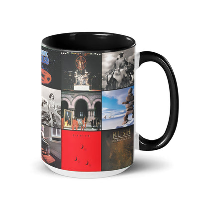 Rush Black Two-Tone Accent Coffee Mug - Classic Rock Band Album Covers Collage Mug