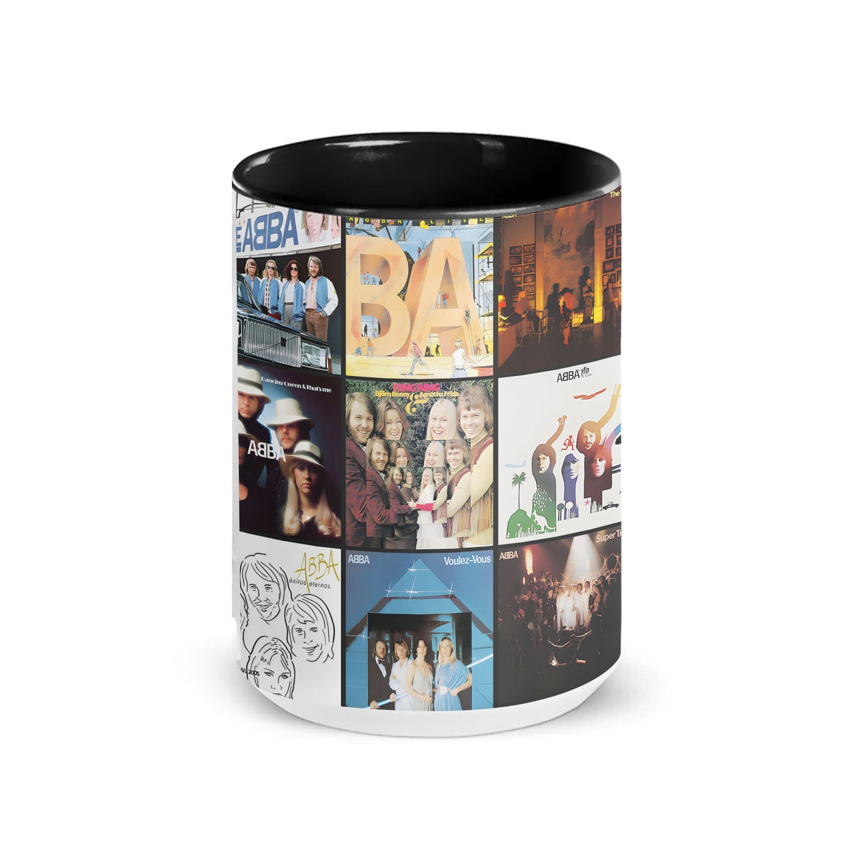 ABBA Black Two-Tone Accent Coffee Mug - Classic Band Album Covers Collage Mug