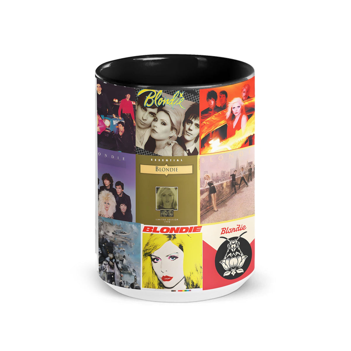 Blondie Black Two-Tone Accent Coffee Mug - Classic Band Album Covers Collage Mug