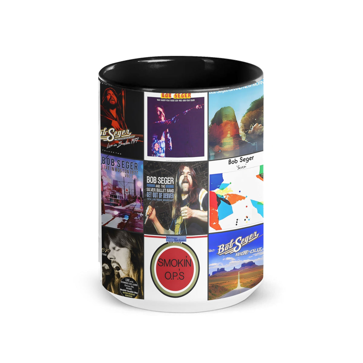 Bob Seger Black Two-Tone Accent Coffee Mug - Classic Band Album Covers Collage Mug