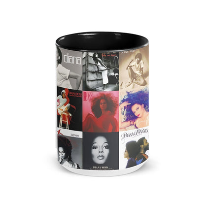 Diana Ross Black Two-Tone Accent Coffee Mug - Classic Band Album Covers Collage Mug
