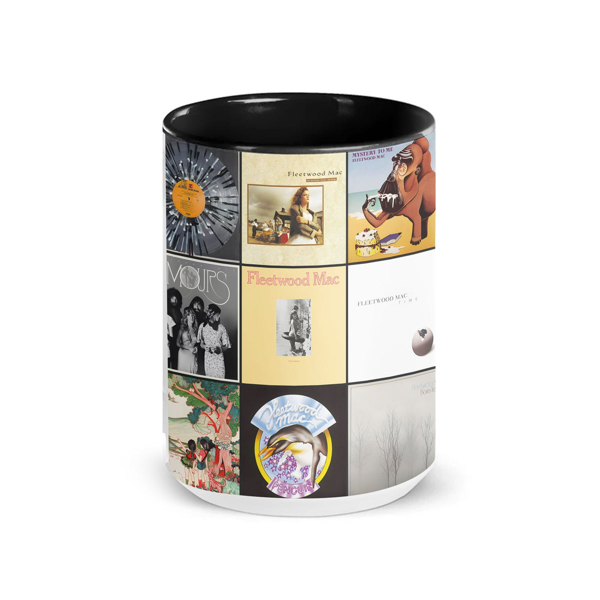 Fleetwood Mac Black Two-Tone Accent Coffee Mug - Classic Band Album Covers Collage Mug
