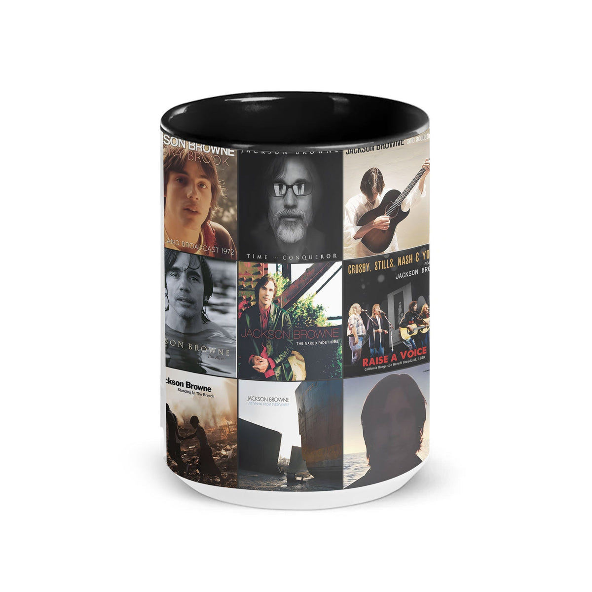 Jackson Browne Black Two-Tone Accent Coffee Mug - Classic Band Album Covers Collage Mug