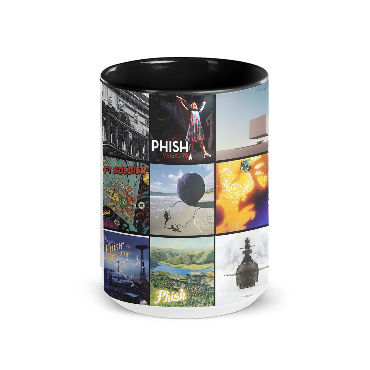 Phish Black Two-Tone Accent Coffee Mug - Classic Band Album Covers Collage Mug