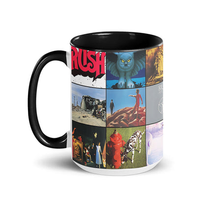 Rush Black Two-Tone Accent Coffee Mug - Classic Rock Band Album Covers Collage Mug