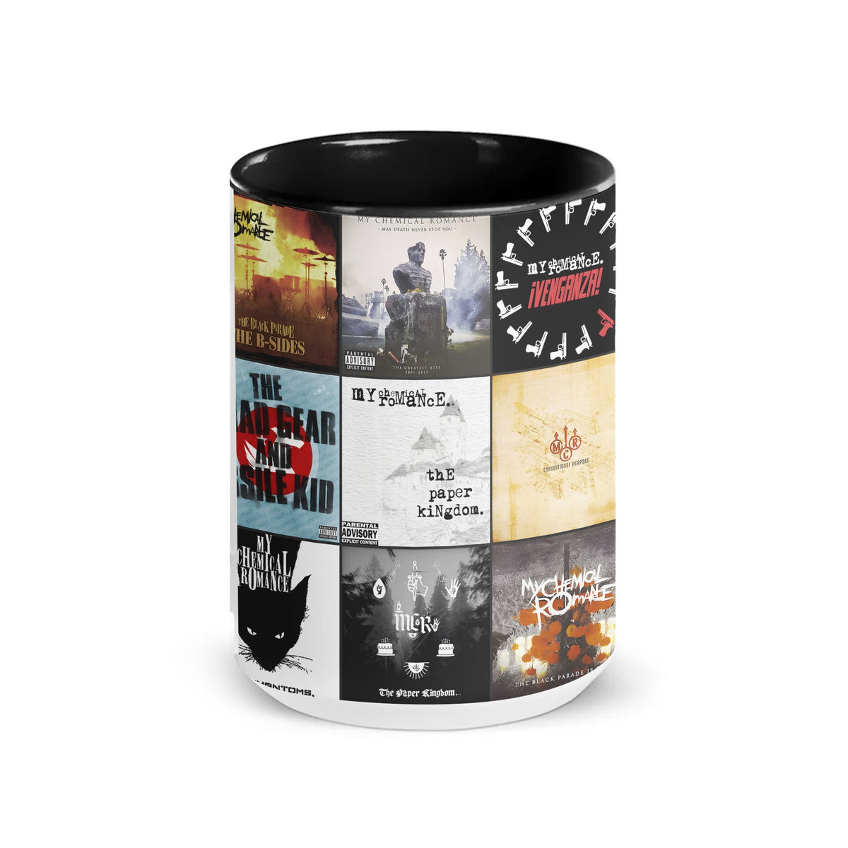 My Chemical Romance Black Two-Tone Accent Coffee Mug - Classic Band Album Covers Collage Mug