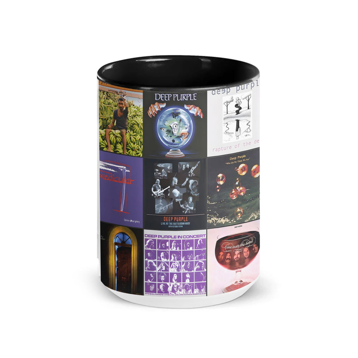 Deep Purple Black Two-Tone Accent Coffee Mug - Classic Band Album Covers Collage Mug