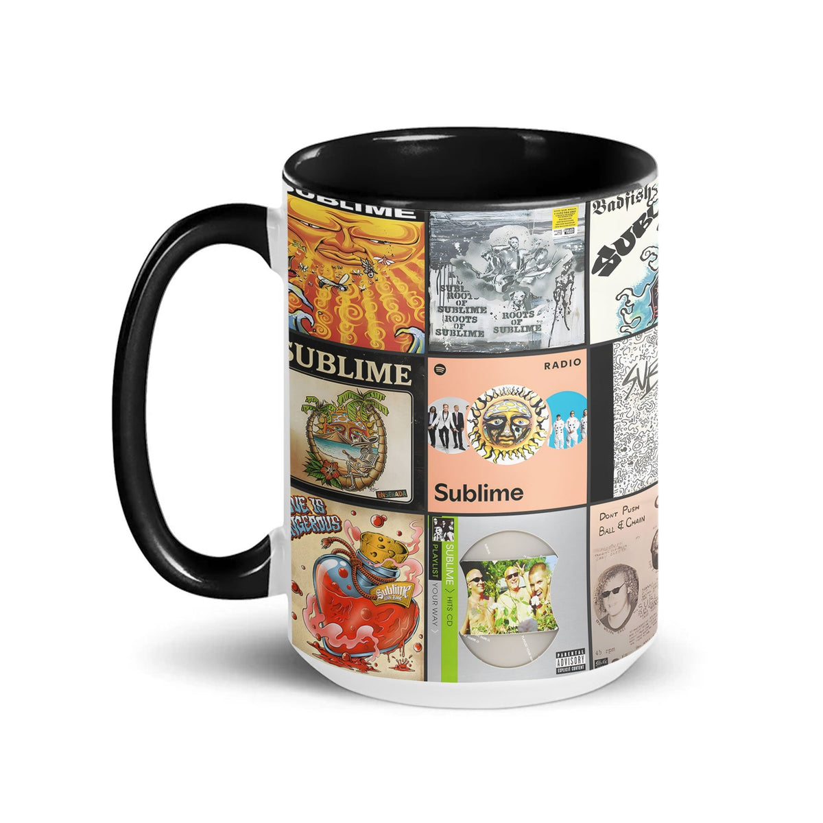 Sublime Black Two-Tone Accent Coffee Mug - Classic Rock Band Album Covers Collage Mug