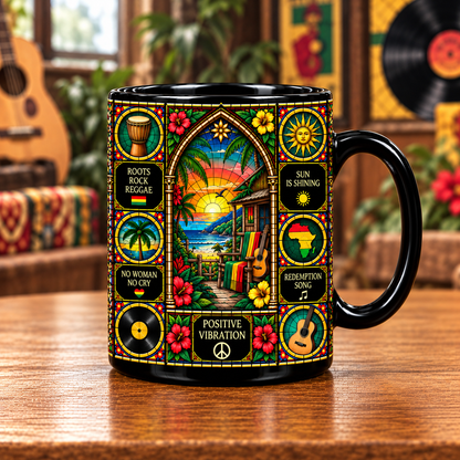 Bob Marley Reggae Stained Glass Ceramic Coffee Mug - Tropical Sunset & Guitar Cup - Reggae Music Fan Unique Gift Idea