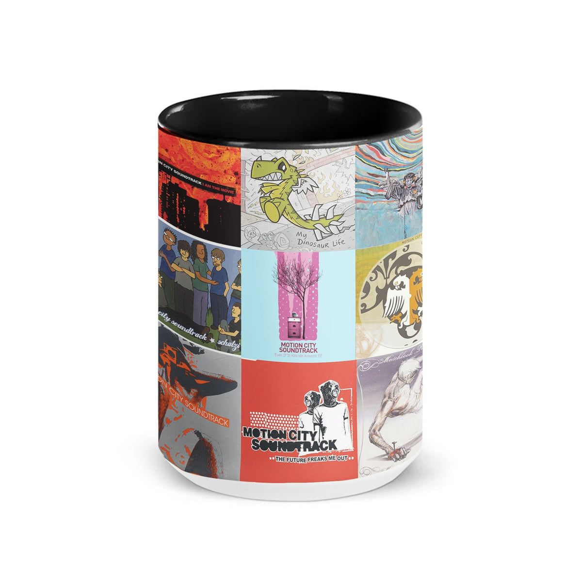 Motion City Soundtrack Black Two-Tone Accent Coffee Mug - Classic Band Album Covers Collage Mug