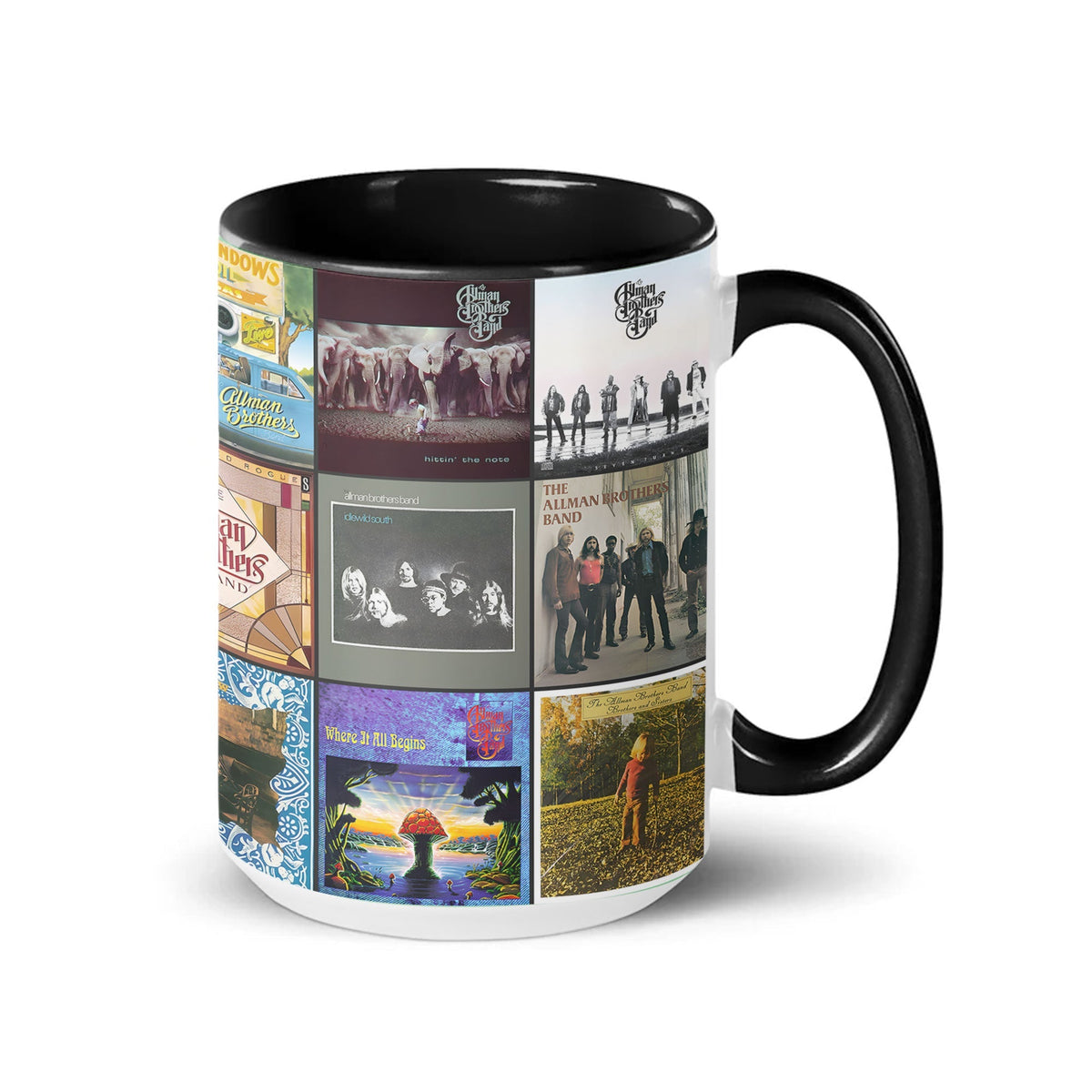 The Allman Brothers Band Black Two Tone Accent Coffee Mug - Classic Band Album Covers Collage Mug