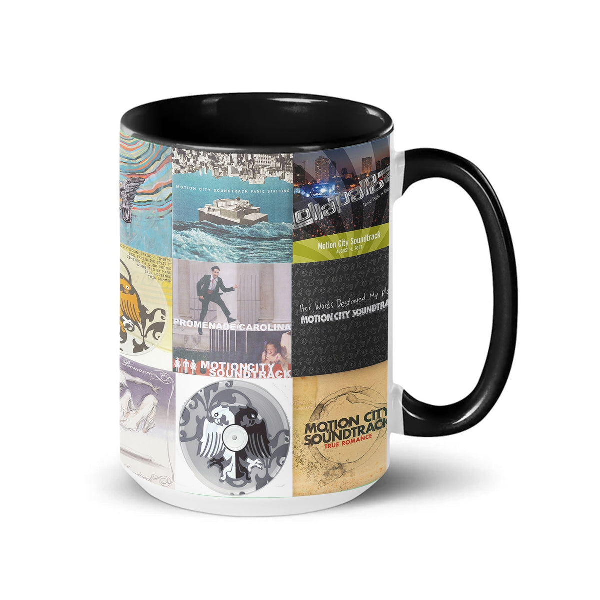 Motion City Soundtrack Black Two-Tone Accent Coffee Mug - Classic Band Album Covers Collage Mug