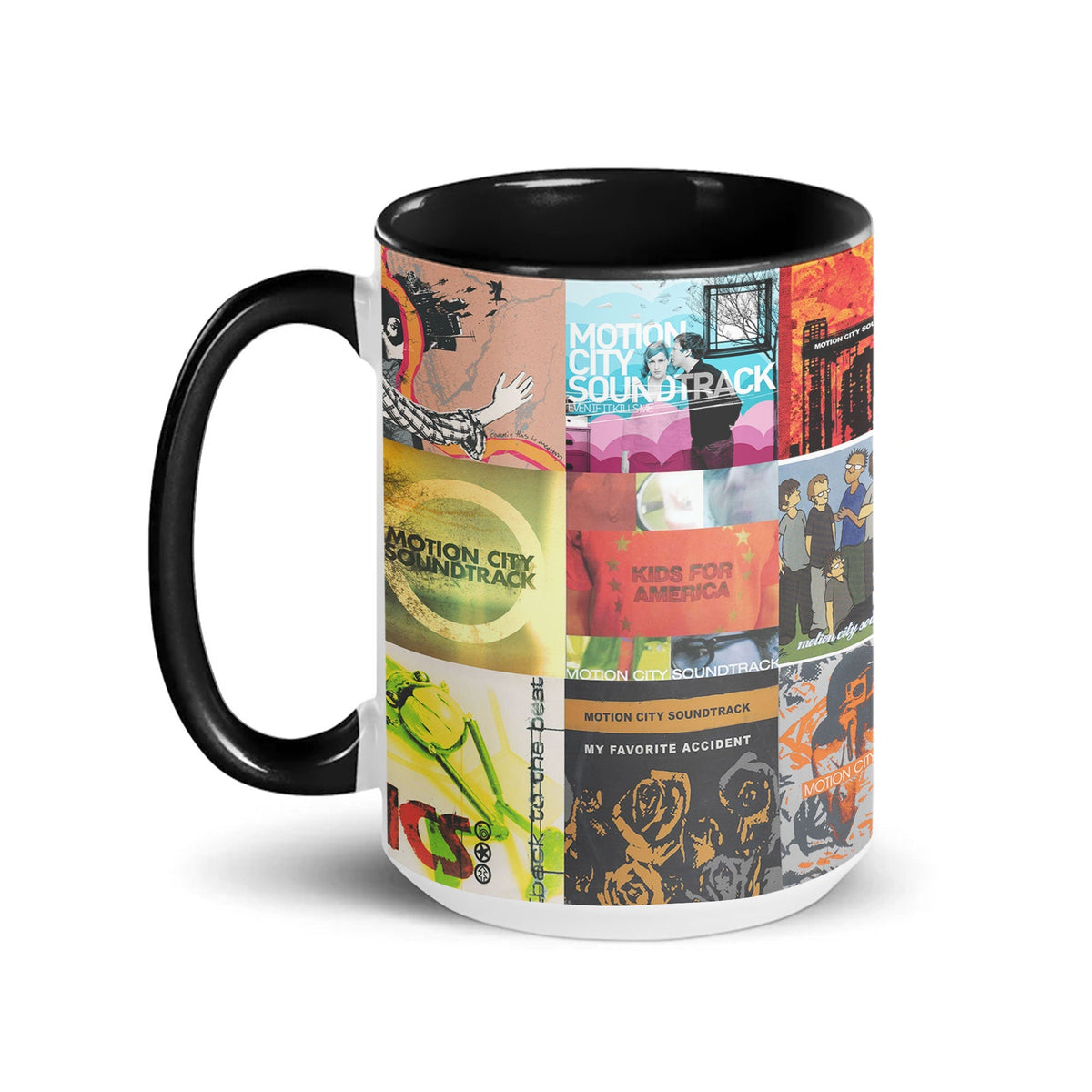 Motion City Soundtrack Black Two-Tone Accent Coffee Mug - Classic Band Album Covers Collage Mug