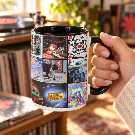Red Hot Chili Peppers Black Two-Tone Accent Coffee Mug - Classic Rock Band Album Covers Collage Mug