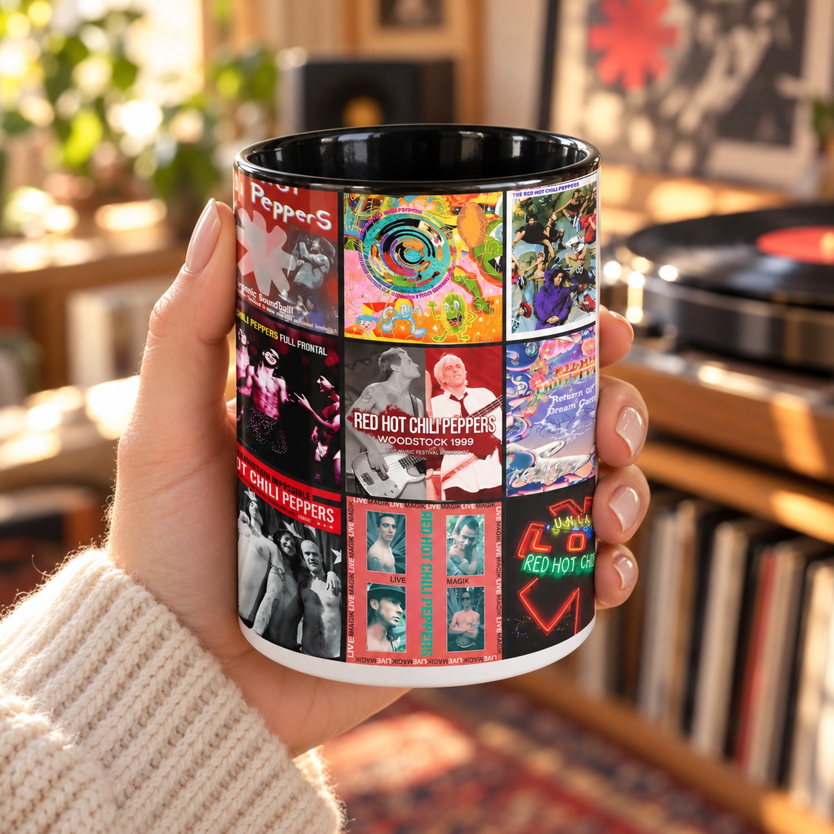 Red Hot Chili Peppers Black Two-Tone Accent Coffee Mug - Classic Rock Band Album Covers Collage Mug