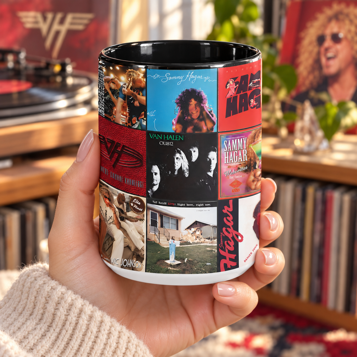 Sammy Hagar & Van Halen Black Two-Tone Accent Coffee Mug - Classic Rock Band Album Covers Collage Mug