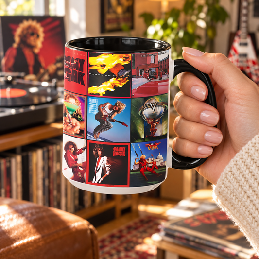 Sammy Hagar & Van Halen Black Two-Tone Accent Coffee Mug - Classic Rock Band Album Covers Collage Mug