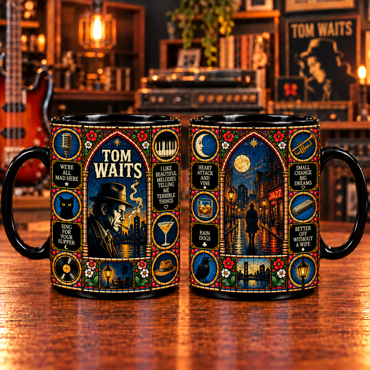 Tom Waits Stained Glass Art Mug – Blues Jazz Black Ceramic Coffee Cup, Rain Dogs & Closing Time Inspired Gothic Design