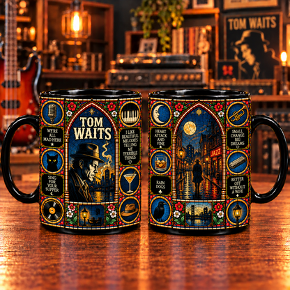 Tom Waits Stained Glass Art Mug – Blues Jazz Black Ceramic Coffee Cup, Rain Dogs & Closing Time Inspired Gothic Design