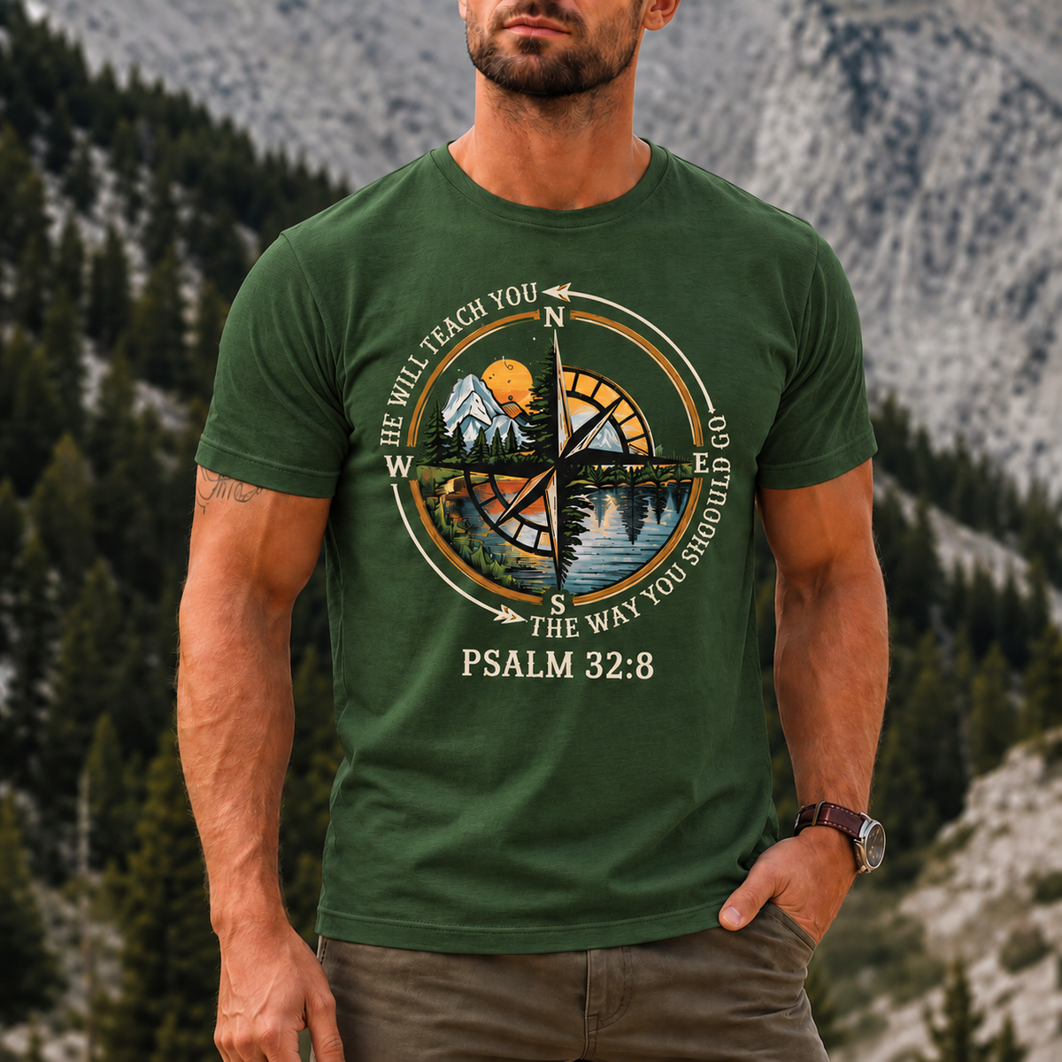 Psalm 32:8 Christian T-Shirt, He Will Teach You The Way Shirt, Compass Faith Tee, Christian Hiking Shirt, Bible Verse Gift