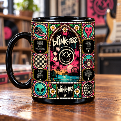 blink-182 Stained Glass Ceramic Coffee Mug - XX Smiley & Alien Cup - Pop Punk Rock Band Music Fan Unique Gift Idea