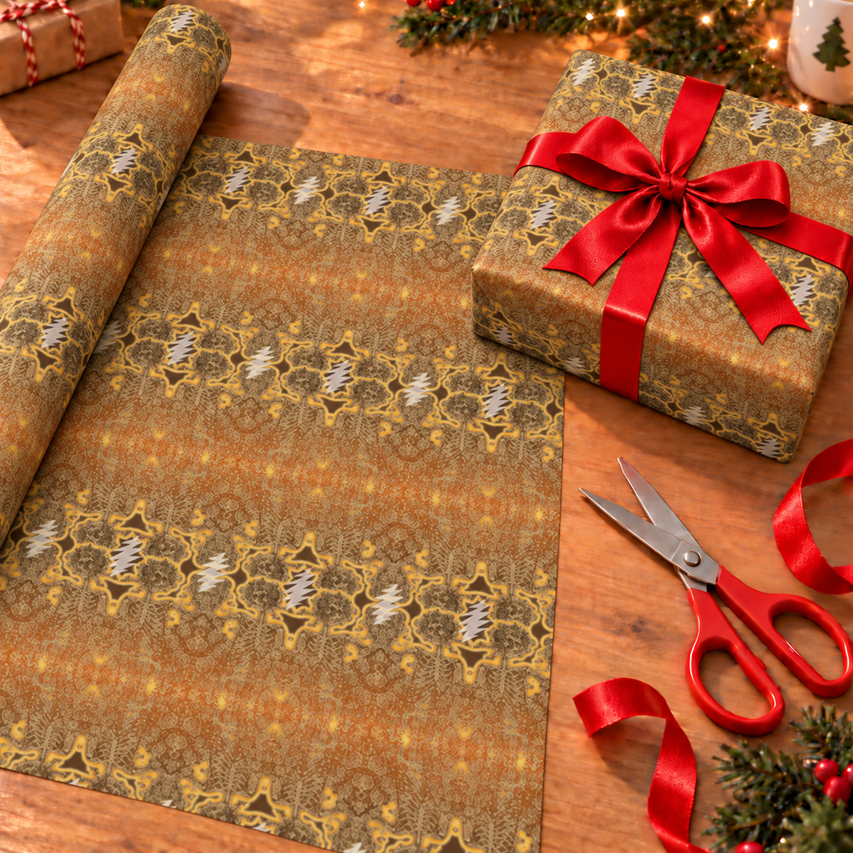 Grateful Dead Lightning Bolt Wrapping Paper - Vintage Gold Damask Rock Gift Wrap
