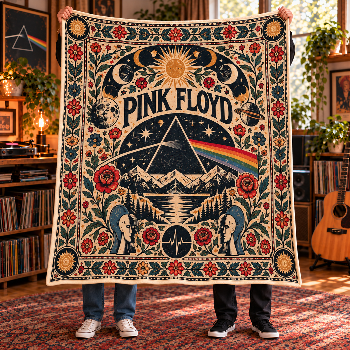 Pink Floyd Sherpa Throw Blanket - Prism Rainbow & Moon Phase Soft Cover - Progressive Rock Music Fan Unique Gift Idea