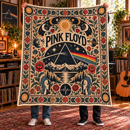 Pink Floyd Sherpa Throw Blanket - Prism Rainbow & Moon Phase Soft Cover - Progressive Rock Music Fan Unique Gift Idea