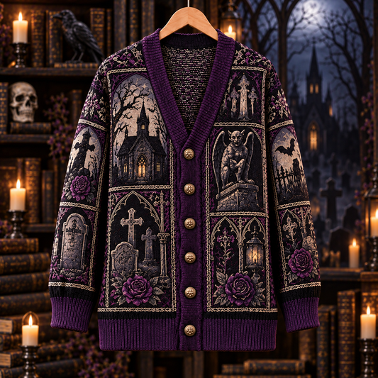 Haunted Mansion Cardigan, Purple Raven Gargoyle Knit Sweater, Dark Academia Graveyard Cardigan, Victorian Gothic Gift