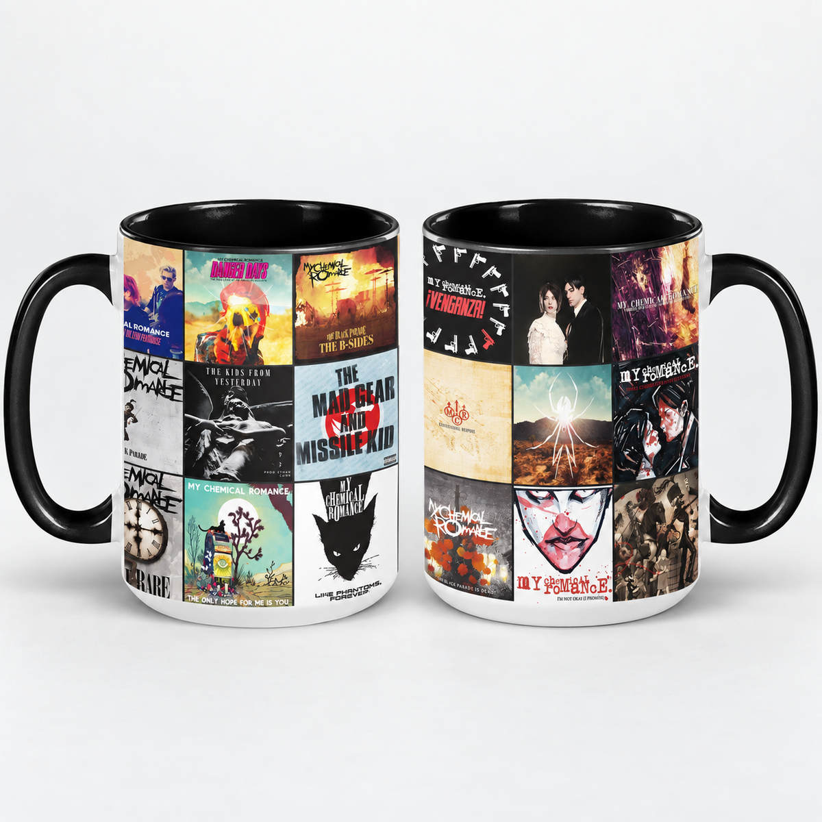 My Chemical Romance Black Two-Tone Accent Coffee Mug - Classic Band Album Covers Collage Mug