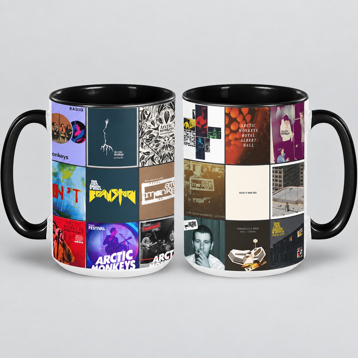 Arctic Monkeys Black Two-Tone Accent Coffee Mug - Classic Band Album Covers Collage Mug