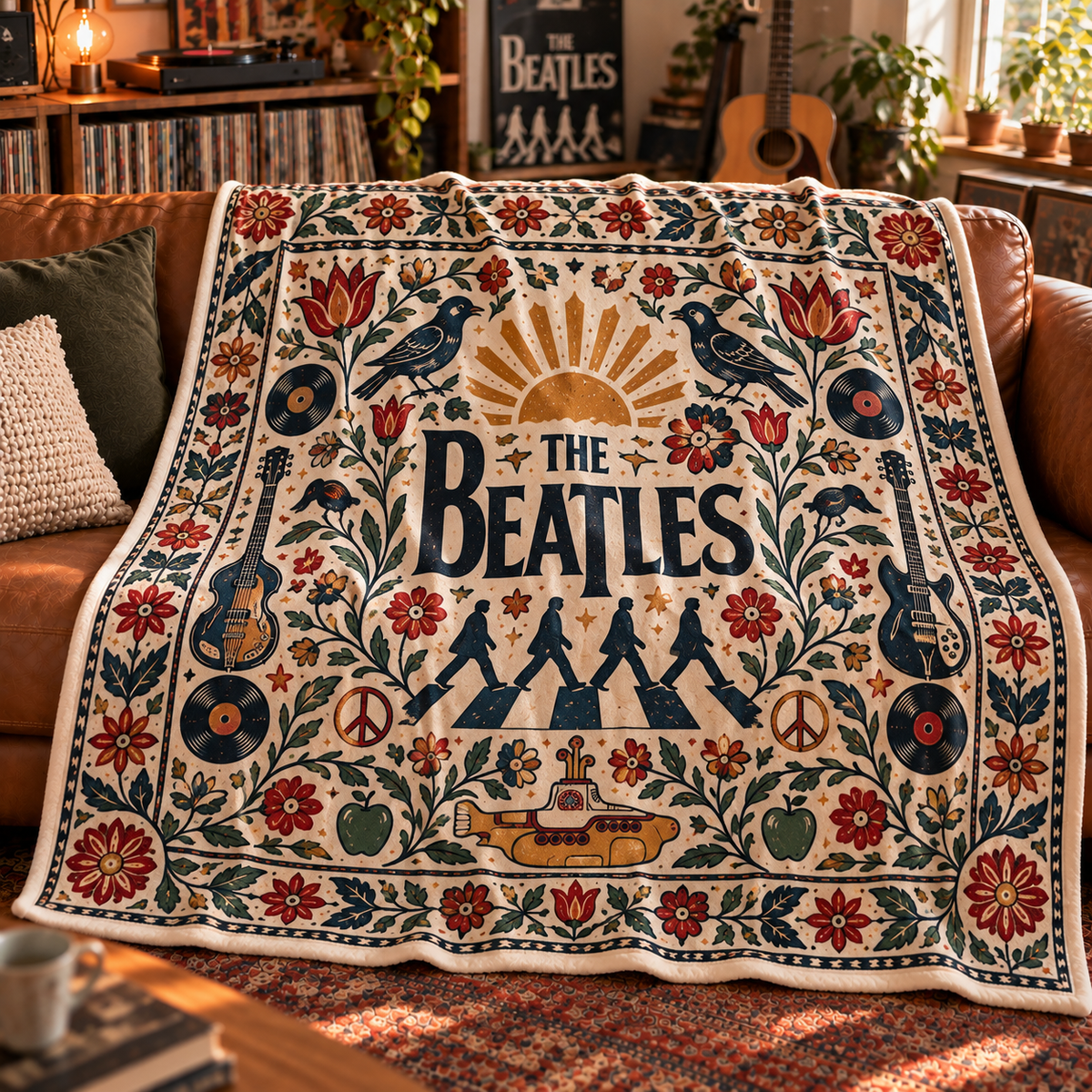 The Beatles Sherpa Throw Blanket - Abbey Road & Yellow Submarine Soft Cover - Classic Rock Music Band Fan Unique Gift Idea