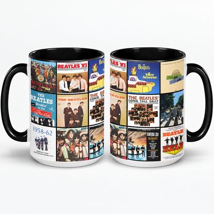 The Beatles Black Two-Tone Accent Coffee Mug - Classic Rock Band Album Covers Collage Mug