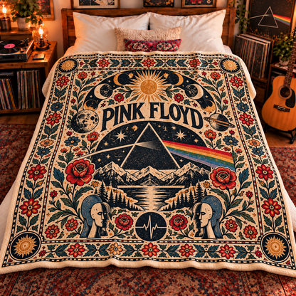 Pink Floyd Sherpa Throw Blanket - Prism Rainbow & Moon Phase Soft Cover - Progressive Rock Music Fan Unique Gift Idea