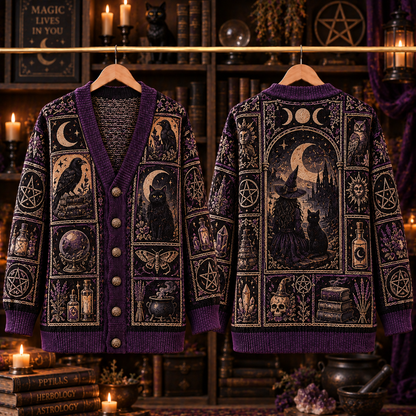 Witchy Cardigan, Black Cat Raven Moon Gothic Knit Sweater, Celestial Tarot Style Cardigan, Dark Academia Halloween Gift