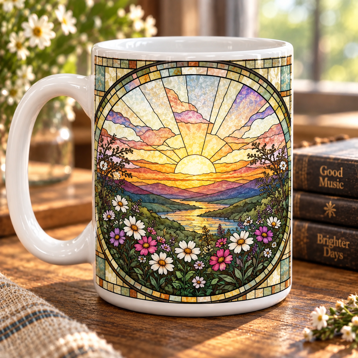 Christian Cross Stained Glass Mug, Sunrise Wildflower Coffee Cup, Faith Inspired Religious Gift, Bible Lover Christian Decor