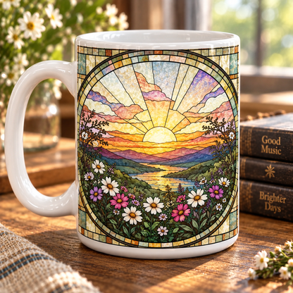 Christian Cross Stained Glass Mug, Sunrise Wildflower Coffee Cup, Faith Inspired Religious Gift, Bible Lover Christian Decor