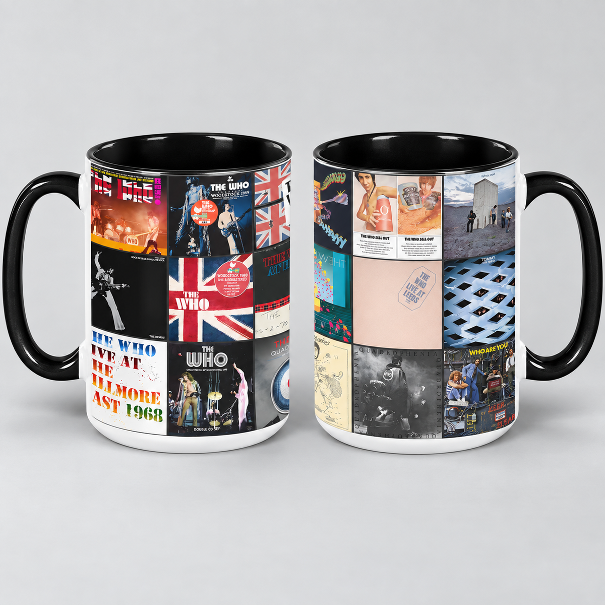 The Who Black Two-Tone Accent Coffee Mug - Classic Rock Band Album Covers Collage Mug