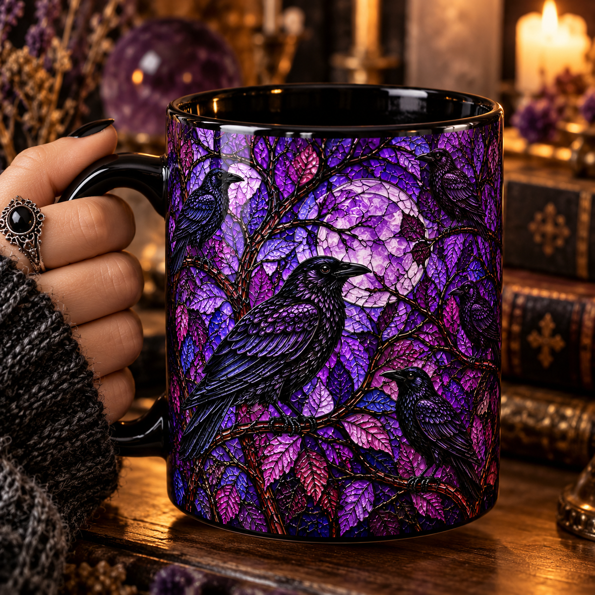 Stained Glass Purple Raven Coffee Mug – Gothic Full Moon Crow Mosaic Ceramic Cup