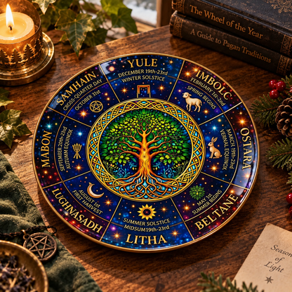 Wheel of the Year Pagan Decorative Plate, Yule Samhain Ostara Beltane Celtic Tree of Life Decor, Wiccan Sabbat Gift