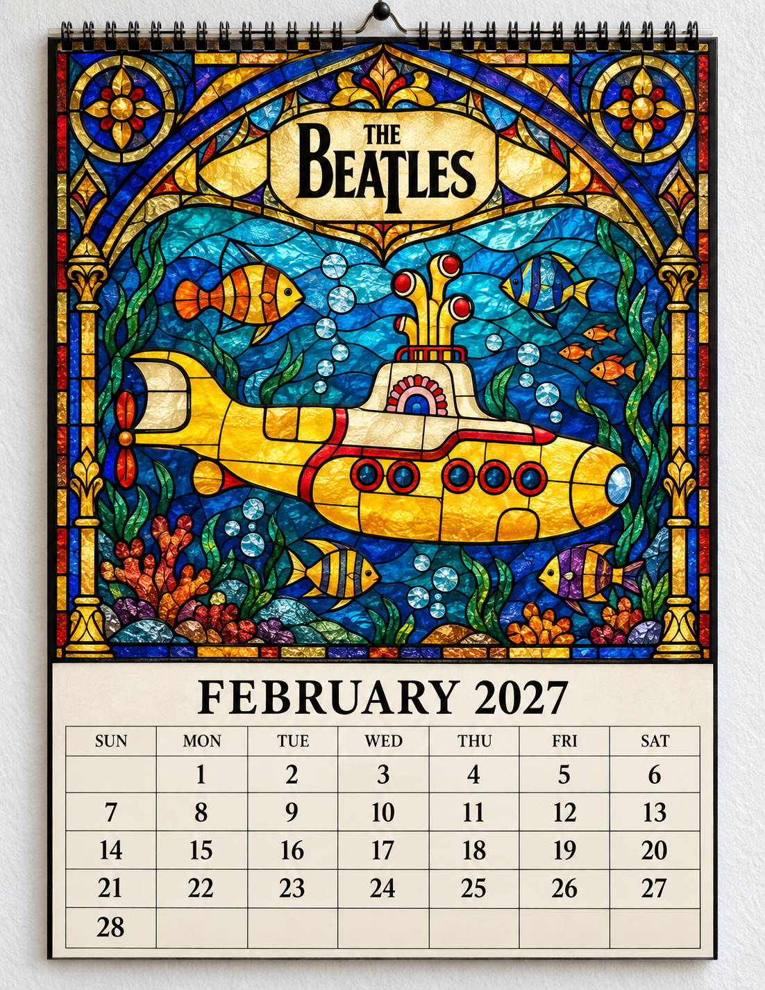 The Beatles 2027 Stained Glass Calendar – Vintage Beatles Wall Calendar, Music Lover Gift