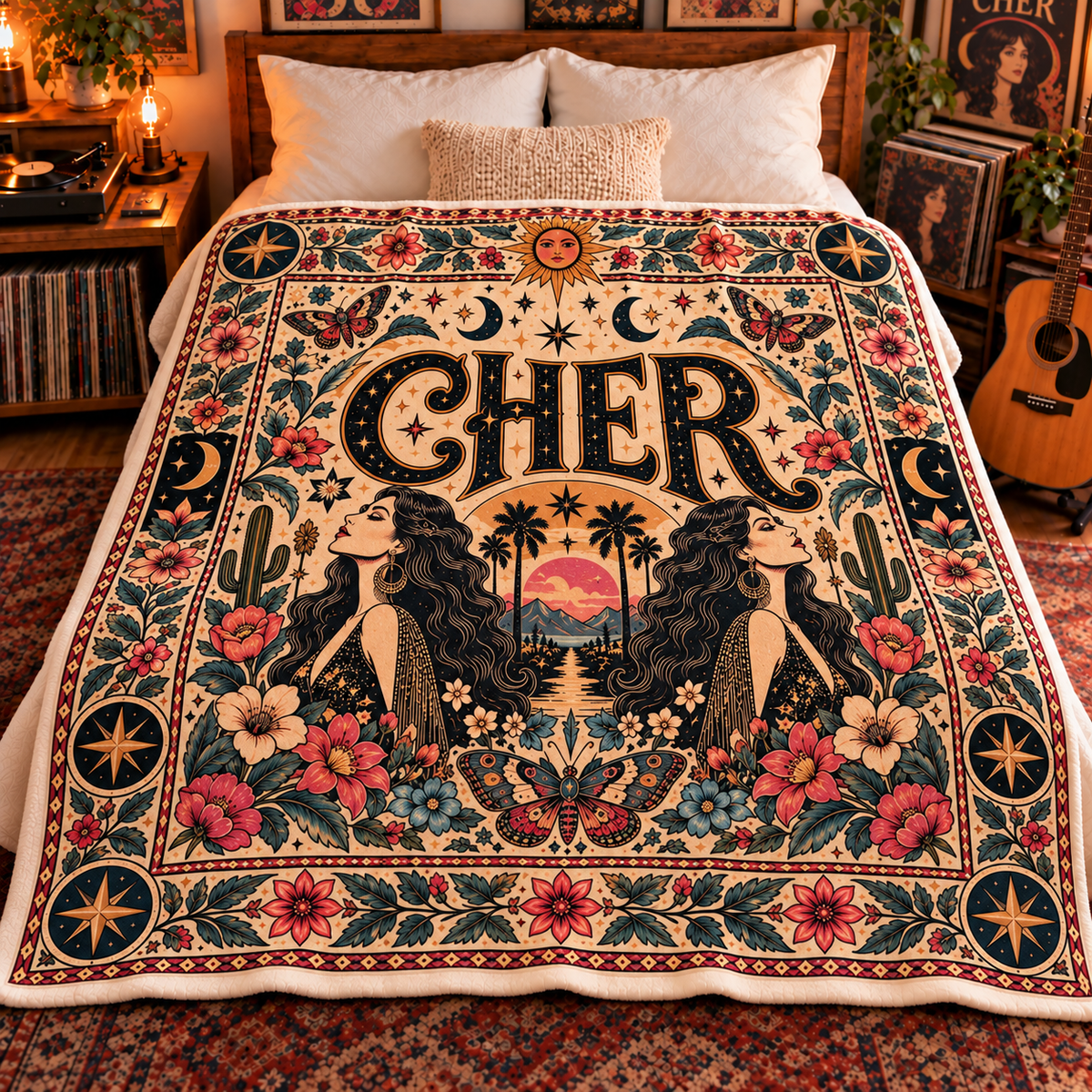 Cher Sherpa Throw Blanket - Celestial Boho Portrait & Sun Soft Plush Cover - Goddess of Pop Music Legend Fan Unique Gift Idea