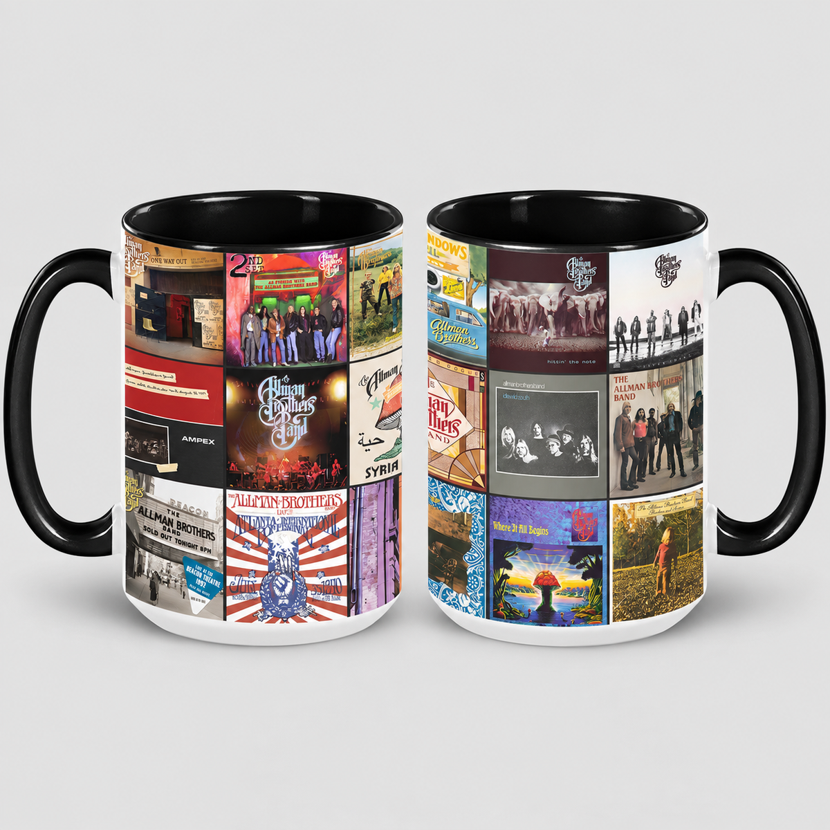 The Allman Brothers Band Black Two Tone Accent Coffee Mug - Classic Band Album Covers Collage Mug
