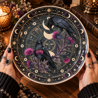 Celestial Raven Decorative Plate, Gothic Crow Moon Plate, Witchy Raven Wall Decor, Purple Thistle Plate, Dark Academia Gift