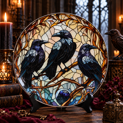 Three Ravens Stained Glass Ceramic Plate – Gothic Black Crow Decorative Porcelain Dish