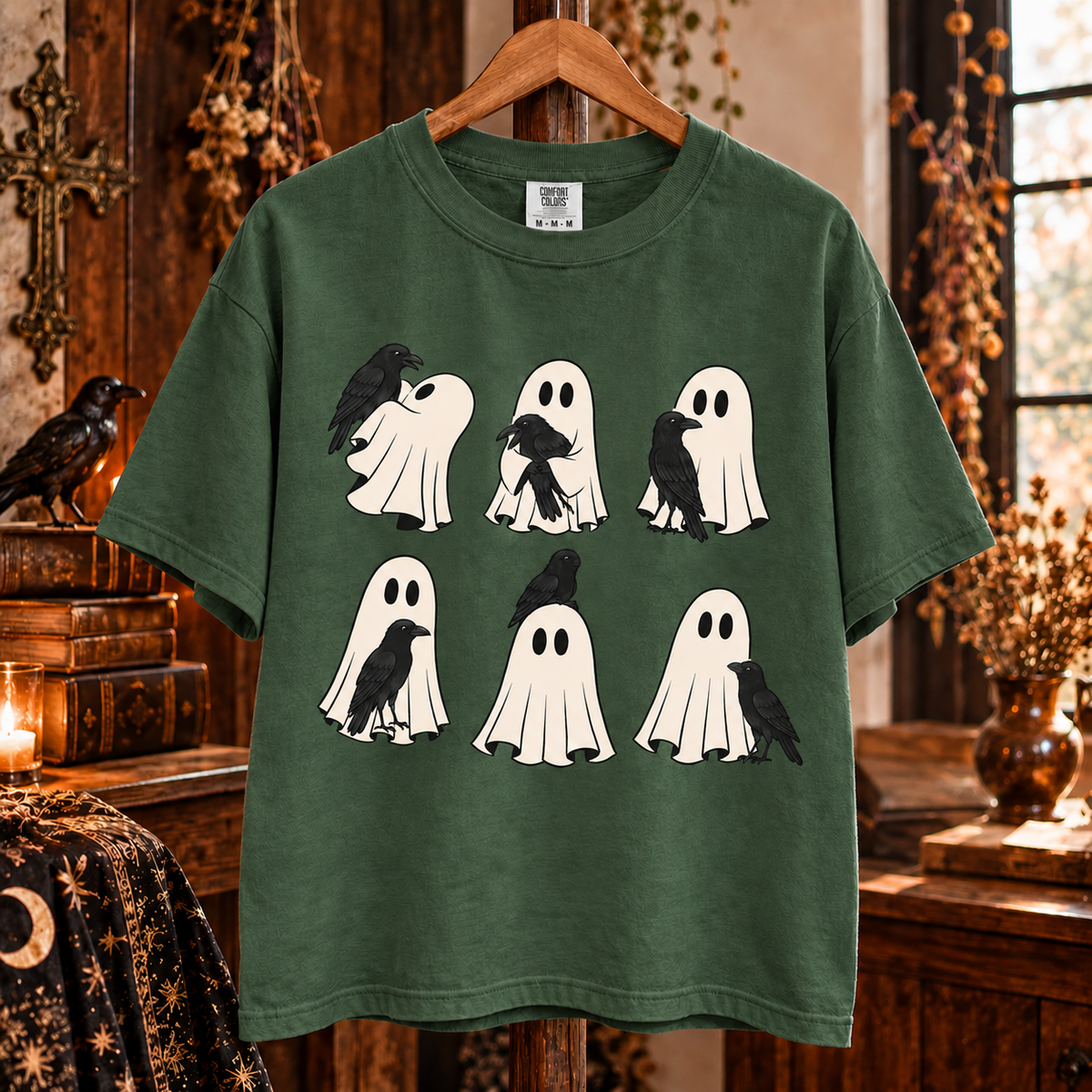 Ghost and Raven T-Shirt, Spooky Crow Halloween Shirt, Cute Ghost Graphic Tee, Gothic Raven Shirt, Witchy Halloween Gift
