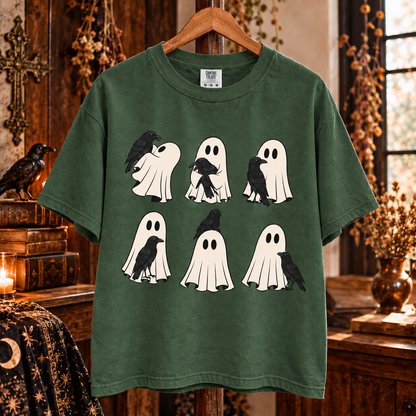 Ghost and Raven T-Shirt, Spooky Crow Halloween Shirt, Cute Ghost Graphic Tee, Gothic Raven Shirt, Witchy Halloween Gift