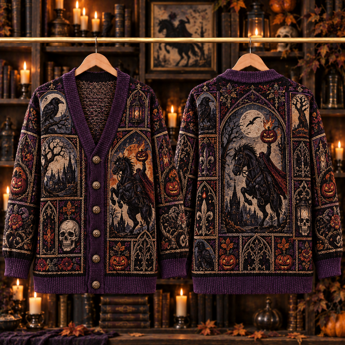 Headless Horseman Cardigan, Sleepy Hollow Halloween Knit Sweater, Gothic Pumpkin Rider Cardigan, Dark Academia Fall Gift