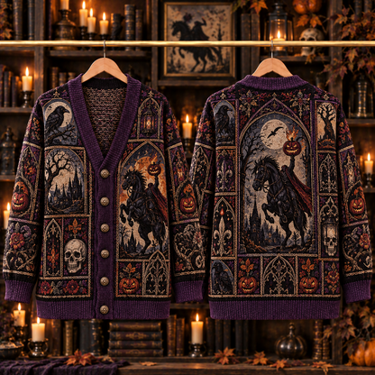 Headless Horseman Cardigan, Sleepy Hollow Halloween Knit Sweater, Gothic Pumpkin Rider Cardigan, Dark Academia Fall Gift