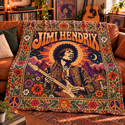 Jimi Hendrix Sherpa Throw Blanket - Electric Stratocaster Guitar & Peace Sign Soft Cover - Psychedelic Rock Fan Gift Idea